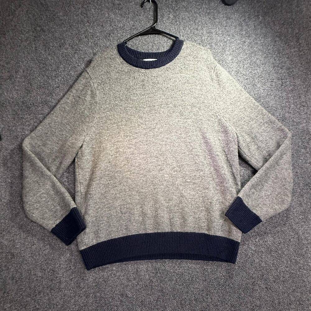 Goodfellow & Co Men's Gray Knit Crewneck Sweater Navy Blue Contrast Trim Size L